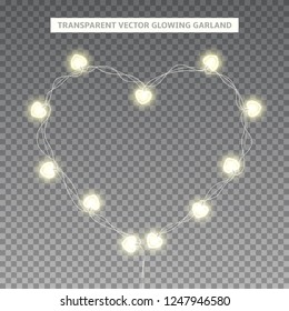 Glowing garland in the shape of heart. Holiday lights isolated on transparent background. Vector illustration with garland with bulbs in the shape of heart. Led lamps for festive design.