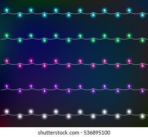 Glowing Garland With Small Lamps. Garlands Christmas Decorations Lights Effects. Glowing Lights. Vector Illustration, Clipart