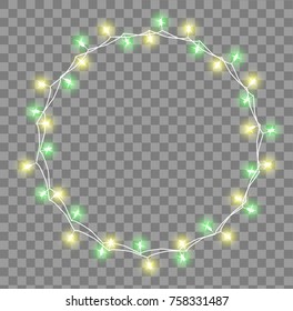 Glowing garland with small lamps. Garlands Christmas decorations lights effects. Glowing lights Garlands Xmas Holiday greeting card design. Vector illustration, clipart