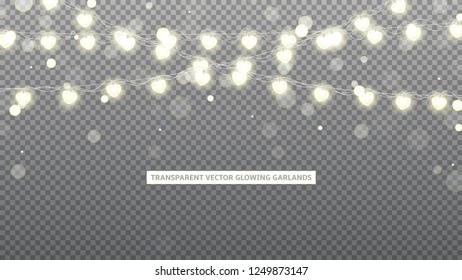 Glowing garlands with effect bokeh. Holiday lights isolated on transparent background. Vector illustration with garlands with bulbs in the shape of heart. Led lamps for festive design.
