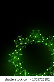 Glowing gear icon with glare effect on a black background with backlight. Grid gear icon shiny polygon mesh frame. Vector illustration for your design.