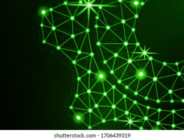 Glowing gear icon with glare effect on a black background with backlight. Grid gear icon shiny polygon mesh frame. Vector illustration for your design.