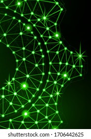 Glowing gear icon with glare effect on a black background with backlight. Grid gear icon shiny polygon mesh frame. Vector illustration for your design.