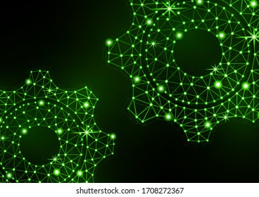 Glowing gear icon with glare effect on a black background with backlight. Grid gear icon shiny polygon mesh frame. Vector illustration for your design.