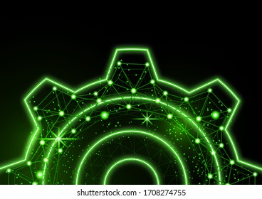 Glowing gear icon with glare effect on a black background with backlight. Grid gear icon shiny polygon mesh frame. Vector illustration for your design.