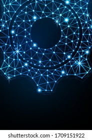 Glowing gear icon with glare effect on a black background with backlight. Grid gear icon shiny polygon mesh frame. Vector illustration for your design.
