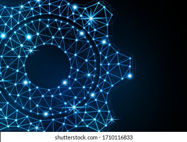 Icono de engranaje brillante con efecto de resplandor en un fondo negro con luz de fondo. Icono del engranaje de rejilla brillante marco de malla de polígono. Ilustración vectorial para su diseño.