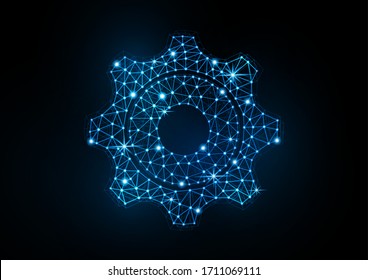 Glowing gear icon with glare effect on a black background with backlight. Grid gear icon shiny polygon mesh frame. Vector illustration for your design.