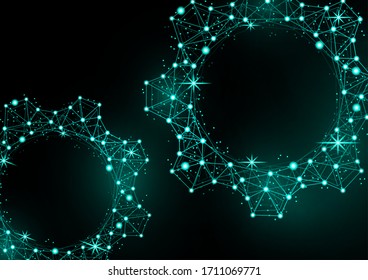 Glowing gear icon with glare effect on a black background with backlight. Grid gear icon shiny polygon mesh frame. Vector illustration for your design.