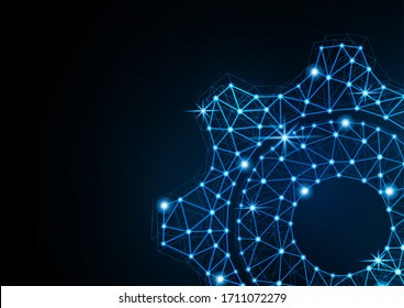 Icono de engranaje brillante con efecto de resplandor en un fondo negro con luz de fondo. Icono del engranaje de rejilla brillante marco de malla de polígono. Ilustración vectorial para su diseño.
