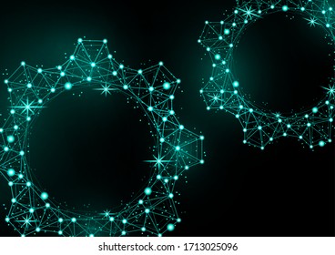Glowing gear icon with glare effect on a black background with backlight. Grid gear icon shiny polygon mesh frame. Vector illustration for your design.