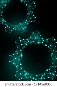 Glowing gear icon with glare effect on a black background with backlight. Grid gear icon shiny polygon mesh frame. Vector illustration for your design.