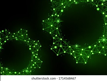 Glowing gear icon with glare effect on a black background with backlight. Grid gear icon shiny polygon mesh frame. Vector illustration for your design.
