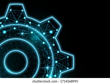 Glowing gear icon with glare effect on a black background with backlight. Grid gear icon shiny polygon mesh frame. Vector illustration for your design.