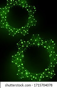 Glowing gear icon with glare effect on a black background with backlight. Grid gear icon shiny polygon mesh frame. Vector illustration for your design.