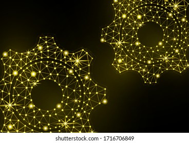 Glowing gear icon with glare effect on a black background with backlight. Grid gear icon shiny polygon mesh frame. Vector illustration for your design.