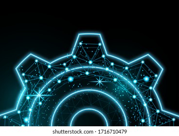 Glowing gear icon with glare effect on a black background with backlight. Grid gear icon shiny polygon mesh frame. Vector illustration for your design.