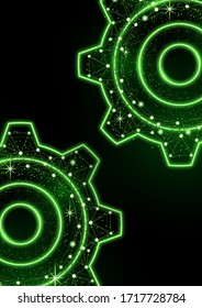 Glowing gear icon with glare effect on a black background with backlight. Grid gear icon shiny polygon mesh frame. Vector illustration for your design.