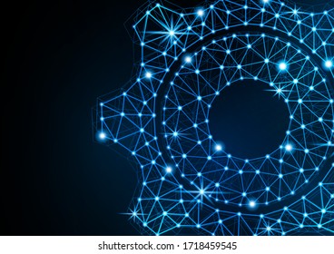Icono de engranaje brillante con efecto de resplandor en un fondo negro con luz de fondo. Icono del engranaje de rejilla brillante marco de malla de polígono. Ilustración vectorial para su diseño.