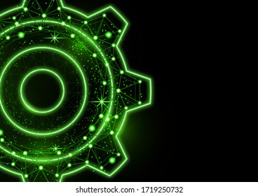 Glowing gear icon with glare effect on a black background with backlight. Grid gear icon shiny polygon mesh frame. Vector illustration for your design.