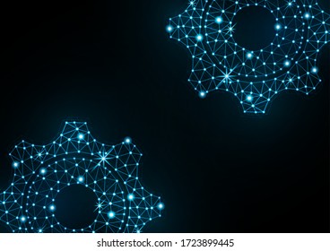 Glowing gear icon with glare effect on a black background with backlight. Grid gear icon shiny polygon mesh frame. Vector illustration for your design.