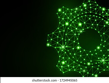 Icono de engranaje brillante con efecto de brillo sobre un fondo negro con luz de fondo. Icono del engranaje de la rejilla marco de malla de polígono brillante. Ilustración vectorial para su diseño.