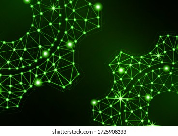 Glowing gear icon with glare effect on a black background with backlight. Grid gear icon shiny polygon mesh frame. Vector illustration for your design.