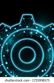 Icono de engranaje brillante con efecto de brillo sobre un fondo negro con luz de fondo. Icono del engranaje de la rejilla marco de malla de polígono brillante. Ilustración vectorial para su diseño.