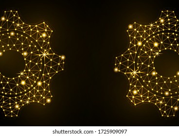 Icono de engranaje brillante con efecto de brillo sobre un fondo negro con luz de fondo. Icono del engranaje de la rejilla marco de malla de polígono brillante. Ilustración vectorial para su diseño.