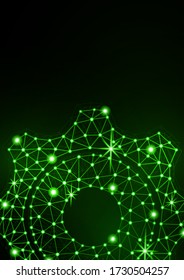 Glowing gear icon with glare effect on a black background with backlight. Grid gear icon shiny polygon mesh frame. Vector illustration for your design.