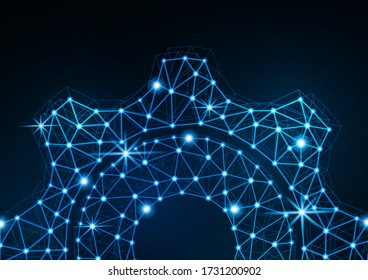 Icono de engranaje brillante con efecto de brillo sobre un fondo negro con luz de fondo. Icono del engranaje de la rejilla marco de malla de polígono brillante. Ilustración vectorial para su diseño.