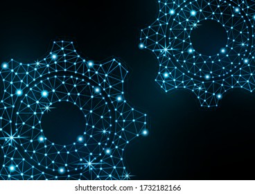 Glowing gear icon with glare effect on a black background with backlight. Grid gear icon shiny polygon mesh frame. Vector illustration for your design.