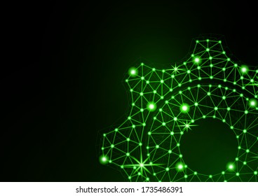 Glowing gear icon with glare effect on a black background with backlight. Grid gear icon shiny polygon mesh frame. Vector illustration for your design.