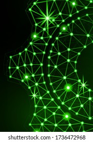 Glowing gear icon with glare effect on a black background with backlight. Grid gear icon shiny polygon mesh frame. Vector illustration for your design.