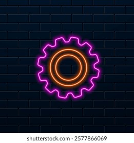 Glowing gear neon icon isolated on brick wall background. The cogwheel gear configurations sign. Gear symbol.