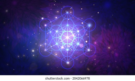 Glowing geometric metatron cube on floral patterns background