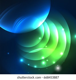 Glowing geometric shapes in dark space background