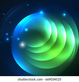 Glowing geometric shapes in dark space background