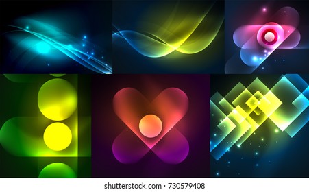 Glowing geometric shapes on dark abstract backgrounds, vector digital technology illustrations set