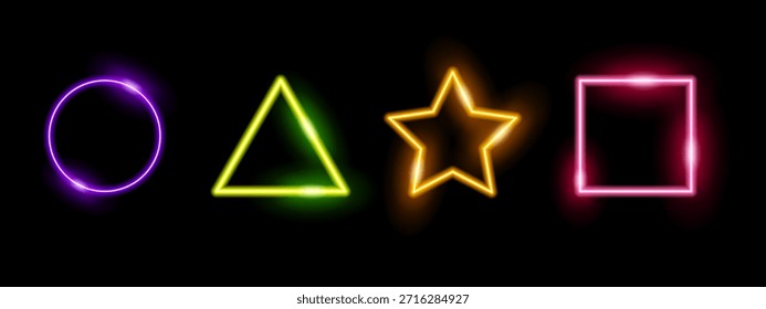 Formas geométricas brillantes fijadas con el círculo, el triángulo, la estrella y el cuadrado en colores brillantes del neón en el fondo negro, diseño abstracto moderno para los carteles, los Anuncios, los App y los proyectos digitales