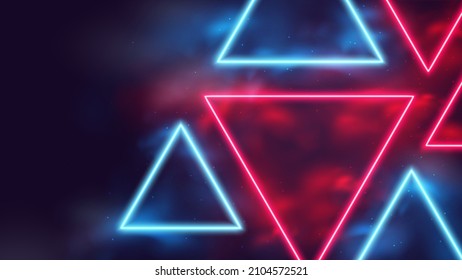 Glowing geometric shapes, triangular red and blue neon rays in smoke, cyber background with copy space, cyberpunk futuristic vector illustration
