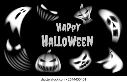 Fantasmas brilhantes e abóboras sinistras cercam o texto Feliz Halloween em um fundo preto. Uma atmosfera misteriosa e misteriosa perfeita para o design com tema de Halloween.