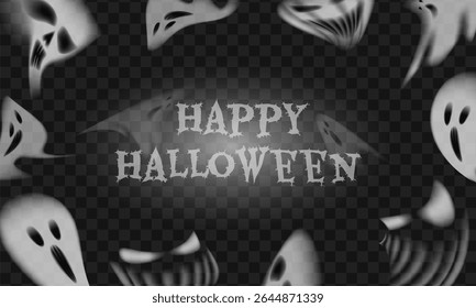Fantasmas brilhantes e abóboras sinistras cercam o texto Feliz Halloween em um fundo preto. Uma atmosfera misteriosa e misteriosa perfeita para o design com tema de Halloween