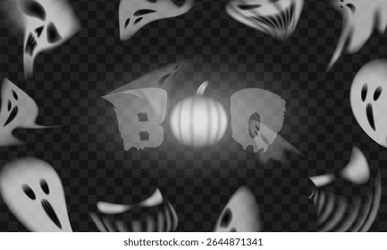 Glowing ghosts and sinister pumpkins surround the Happy Halloween text on a black background. A mysterious and eerie atmosphere perfect for Halloween-themed design