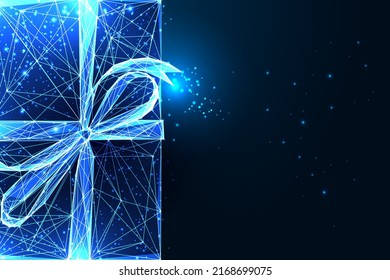 Glowing gift box banner concept with copy space for text and gift box with ribbon on blue 