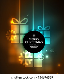 Glowing gift boxes with snowflakes, Christmas and New Year template. Vector illustration, winter holiday Christmas card with light effects