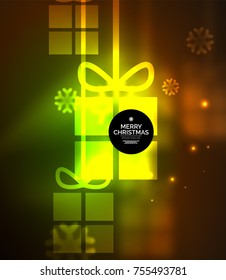 Glowing gift boxes with snowflakes, Christmas and New Year template. Vector illustration, winter holiday Christmas card with light effects
