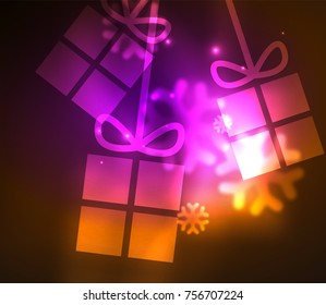Glowing gift boxes with snowflakes, Christmas and New Year template. Vector illustration, winter holiday Christmas card with light effects