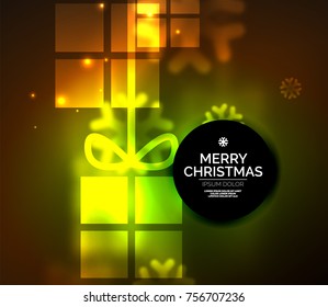 Glowing gift boxes with snowflakes, Christmas and New Year template. Vector illustration, winter holiday Christmas card with light effects