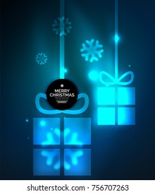 Cajas de regalo brillantes con copos de nieve, plantilla de Navidad y Año Nuevo. Ilustración vectorial, tarjeta navideña de vacaciones de invierno con efectos luminosos